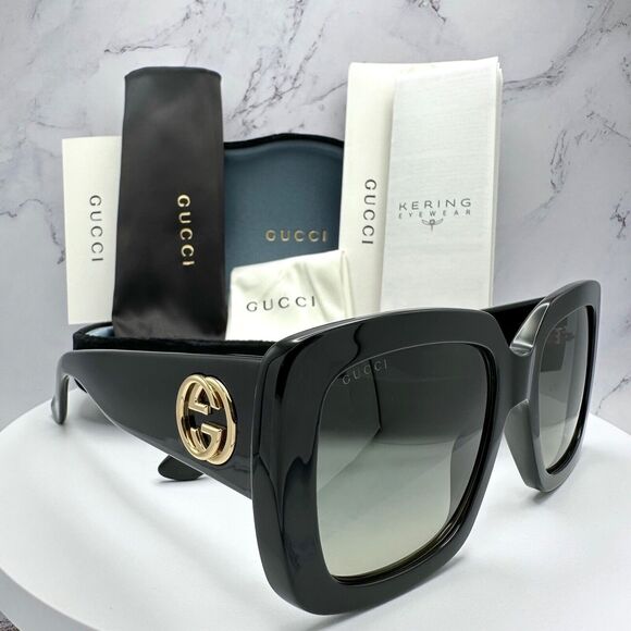 New GUCCI Sunglasses Black Square Acetate Gold GG Metal Logo Oversized - Picture 1 of 16